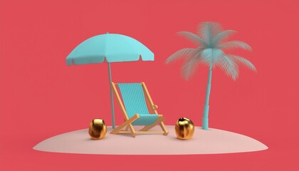 3d deck chair with palm tree, umbrella and coconuts on the white sand on seaside