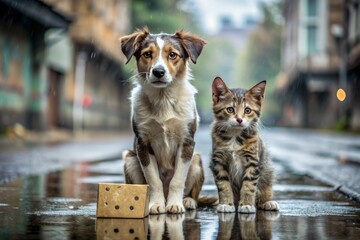 stray homeless cat sad abandoned hungry puppy sitting alone in the street under rain dirty wet lost dog outdoors pets adoption shelter rescue help for pets.
