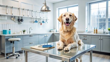 A sterile veterinary clinic table holds a dog undergoing a routine examination, with dental instruments and a treatment chart nearby, in a modern clinical setting.