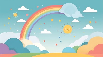Rainbow, clouds, sun, stars, blue sky in paper cutout style. Suitable for greeting cards, posters, childrens books, and backgrounds.
