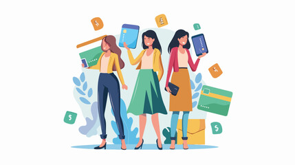 Elegant Women with Digital Wallet & Young Girls with Credit Card on Technology Background