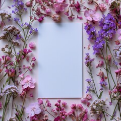 Obraz premium Top view of blank white paper mockup with dried flowers around