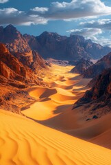 Naklejka premium A panoramic shot of towering sand dunes, with delicate shadows highlighting the contours and textures