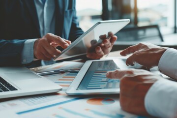 Engaging in Collaborative Legal Consultation on Digital Devices, available for discussions among legal professionals, emphasizing areas like communication and multitasking using laptops and tablets