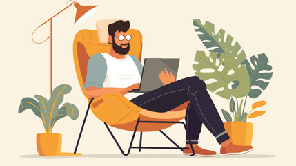 Remote Work Concept: Man Working from Home on Lazy Chair with Laptop