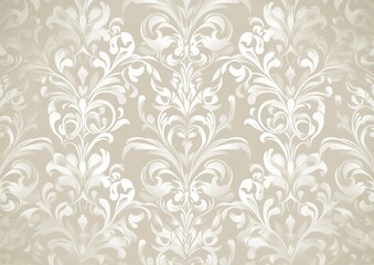 Fototapeta premium Elegant vintage damask pattern on light beige background with light gray and white swirls, seamless repeating design, high detail and resolution, perfect for sophisticated decor and artistic projects.