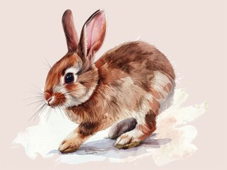 Obraz premium Adorable cartoon of a rabbit hopping and jumping in a dynamic playful motion across a white background The image is rendered in a soft pastel watercolor painting style