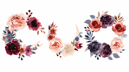 Watercolor Wreaths with Burgundy and Indigo Flowers