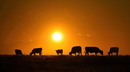 Obraz premium Cattle Grazing at Sunset: Beautiful Silhouettes of Farm Animals in British Landscape
