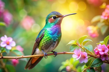 Fototapeta premium Vibrant hummingbird perches on a delicate twig, its iridescent feathers glistening in the sunlight, surrounded by lush green leaves and soft, pastel-colored flowers.
