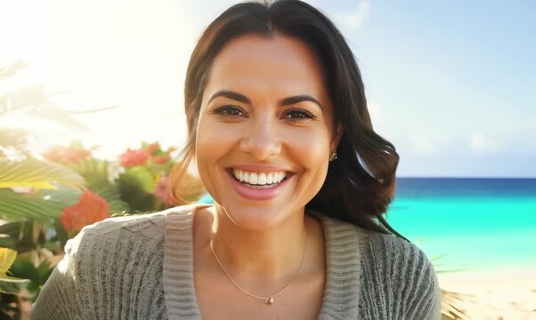 Close-up portrait video of a grinning woman in her 30s wearing a chic cardigan against a hawaiian or polynesian background