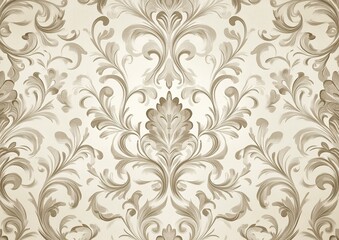 Elegant vintage damask pattern on light beige background with light gray and white swirls, seamless repeating design, high detail and resolution, perfect for sophisticated decor and artistic projects.