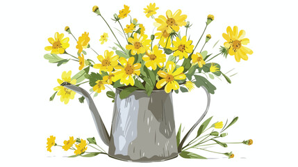 Yellow Wild Flowers in Metal Jug Rustic Bouquet Cart