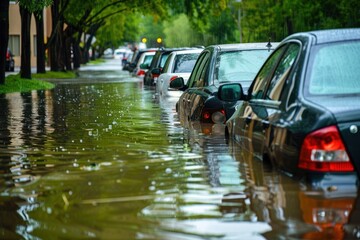 The Chaos of Urban Flooding: A Line of Cars Partially Submerged in Water, The Devastating Consequences of Heavy Rains
