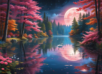 Fototapeta premium An illustration of a serene lake with a single swan gracefully gliding on the water with big full moon