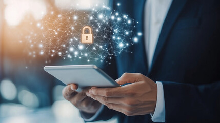 Cybersecurity Network - Businessman Using Digital Tablet with Padlock on Network Security Technology, Cloud Computing, Data Encryption, and Cybersecurity Background Photo