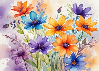 An illustration of vibrant painting of colorful flowers in full bloom