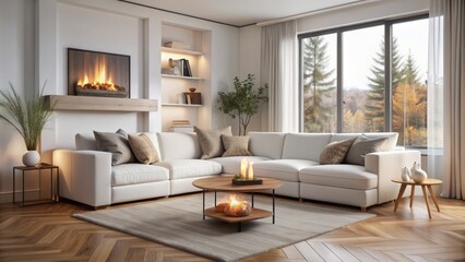 .Sure, here are 50 related titles in paragraph form with commas between each title:..White corner sofa near fireplace, Scandinavian home interior design of modern living room, Cozy corner sofa by the