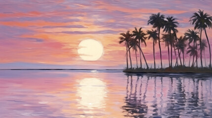 Fototapeta premium Tropical sunset over calm beach with silhouetted palm trees
