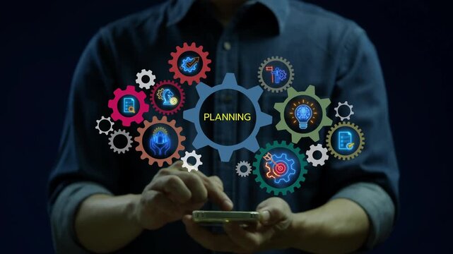 Businessman showing glowing neon line gears banner of planning concept with icons of objective, strategy, collaboration, schedule, act, launch, check and implementation on virtual screen.