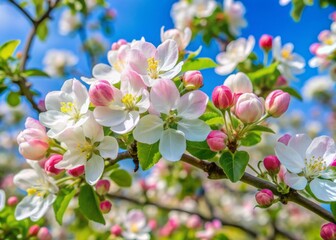 Obraz premium Vibrant apple tree blossoms burst with delicate pink and white flowers amidst lush green leaves, set against a soft blue sky on a sunny spring day.