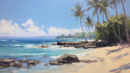 Tropical beach landscape with palm trees and gentle waves in summer