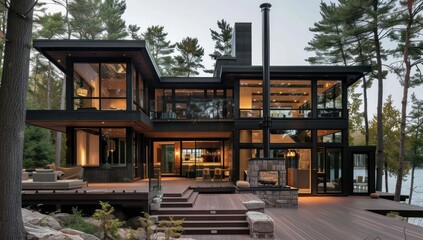 Obraz premium Modern Black House by the Lake