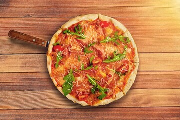 Delicious fresh hot pizza on wooden table