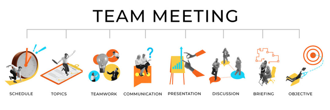 Set. Business people working on achieving professional goals, promoting, efficiency at work. Contemporary art collage. Concept of business, team meeting, teamwork and cooperation