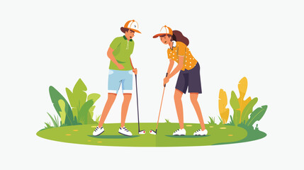 Young Man and Woman Playing Golf Flat Vector Illustration