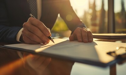 A Professional Lawyer is signing important legal documents within a wellorganized Office Setting that exudes a sense of authority and confidence, highlighting their expertise and experience