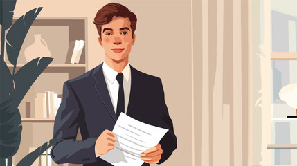 Professional Young Man in Suit Holding Paper Document Cartoon Vector Illustration