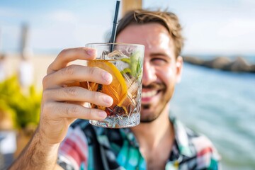 Young man with a cocktail at the bar Young cheerful man with a cocktail at the seaside bar