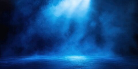 empty dark room with blue smoke, Abstract dark blue background with spotlight and fog