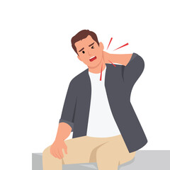 Young worker or businessman touches his neck because he feels pain. Flat vector illustration isolated on white background