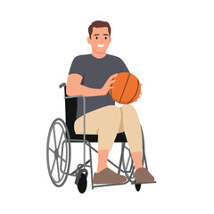 Young Athlete playing basketball sitting in wheelchair. Flat vector illustration isolated on white background