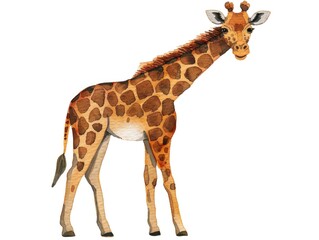 Fototapeta premium Charming and Adorable Giraffe Calf in Playful Pastel Colors on a Simple White Background with a Hand Drawn Cartoon Style Reminiscent of Children s Book Art