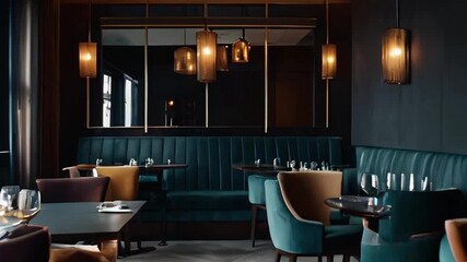 Elegant Restaurant Interior with Dark Blue Booths and Warm Lighting