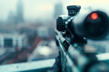 close up assault rifle on the rooftop of the building, assassin, US flag visible