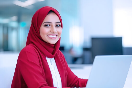 Arabian student girl happy study using laptop at school library