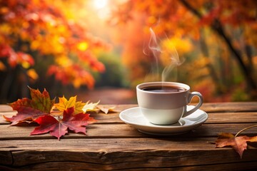 Warm cup of freshly brewed coffee sits on a rustic wooden table amidst rich autumn foliage, blurred background, with ample copy space for text or design elements.