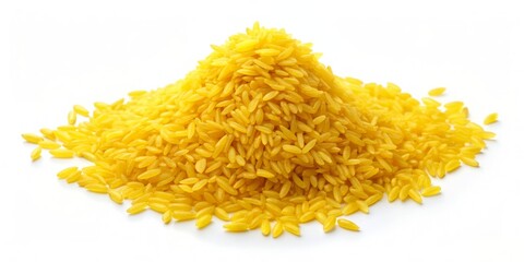 Fototapeta premium Vibrant yellow illustration of arrowhead-shaped rice grains scattered on a white background, symbolizing abundance, prosperity, and Asian culinary culture.