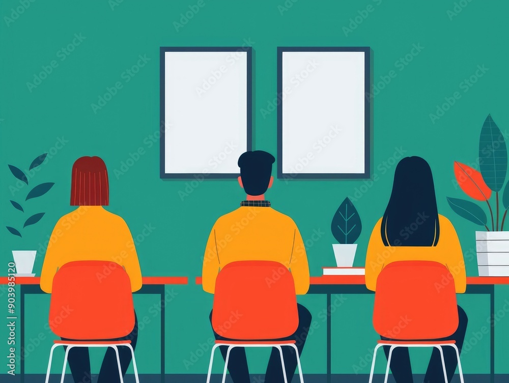 Poster flat design of a group of students engaged in a brainstorming session in a modern minimalist classro
