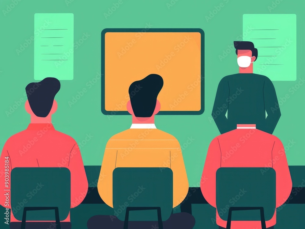 Poster flat design of a group of students engaged in a collaborative brainstorming session in a classroom s