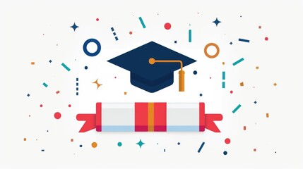 Flat design of a diploma certificate on a clean white background accompanied by educational symbols such as a graduation cap ribbons and other academic elements representing achievement learning