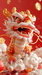Obraz premium Vibrant dragon figure perched on clouds, symbolizing prosperity and strength. Perfect for festive celebrations and cultural themes.