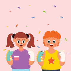 illustration of a performance by a small child playing puppets, with cute animal puppets in his hands, cute character illustrations