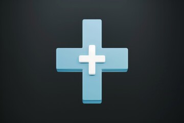 Obraz premium Blue medical cross icon on a dark background representing healthcare and emergency services.
