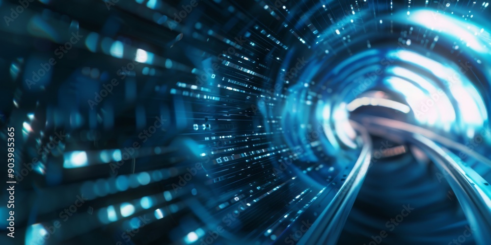 Poster visual of fast data flow in virtual tunnel, presenting futuristic digital concepts with abstract ele