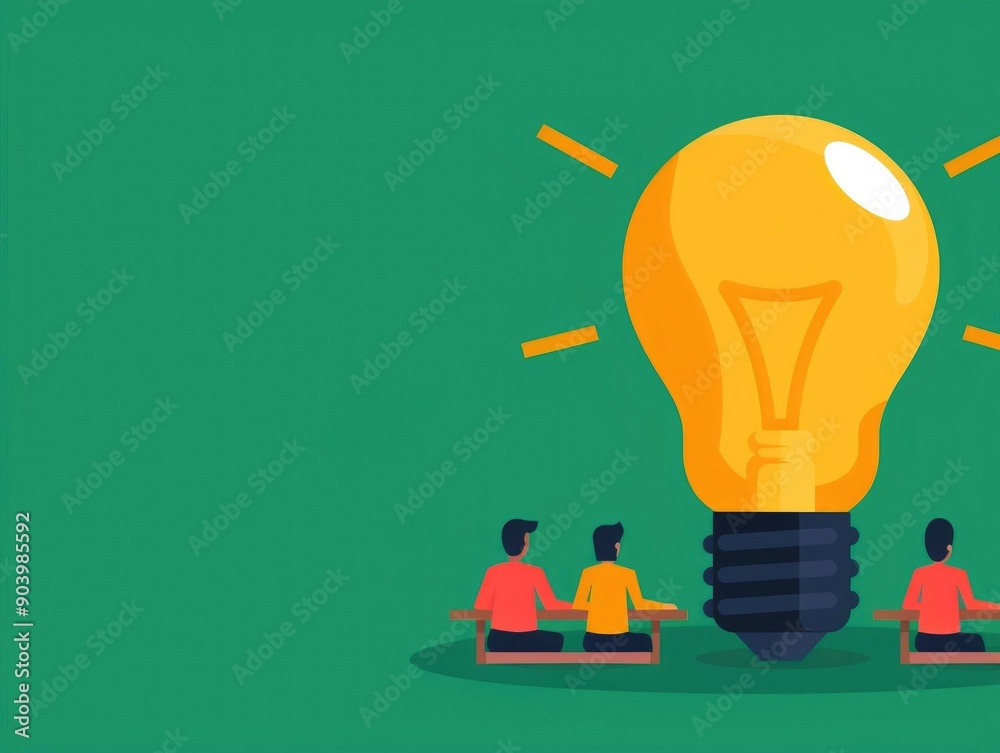 Poster depicting a flat design of an idea lightbulb shining brightly in a classroom setting surrounded by s